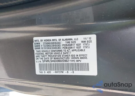 2013 Honda Odyssey Ex-L z USA, uszkodzony, nr VIN 5FNRL5H63DB022862